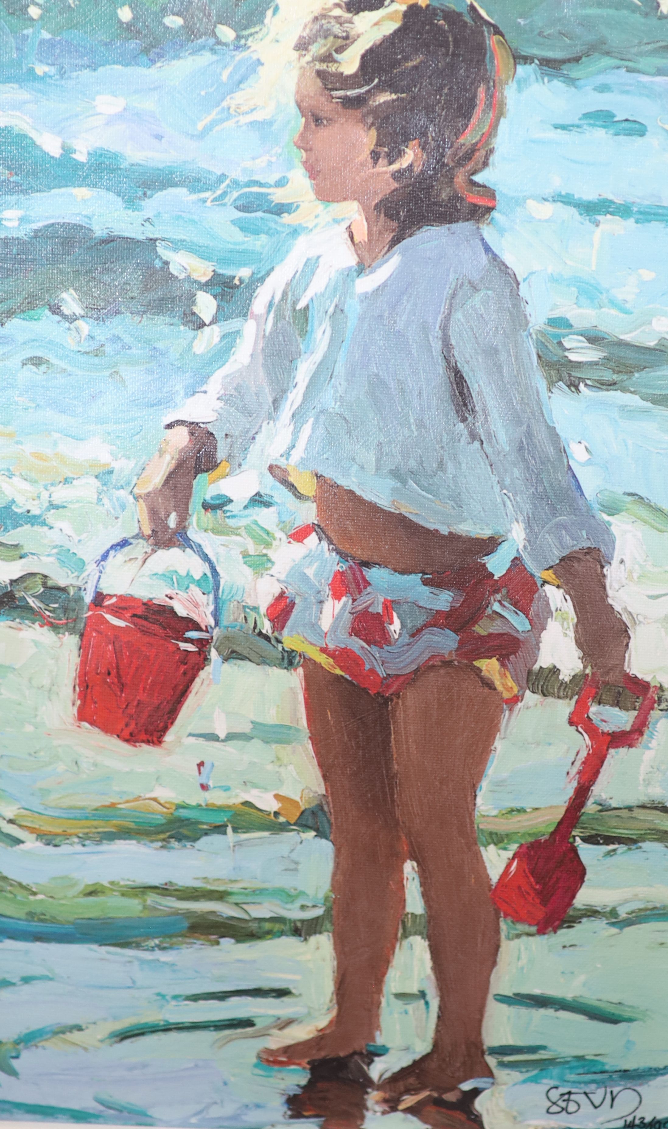 Sherree Valentine Daines, hand embellished canvas, Seaside Sandcastles, 143/195, with COA, 39 x 24cm.